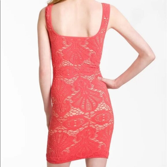Free People Stretch Lace Pink Tank Dress Bodycon Size Medium / Large Coral Boho - Picture 8 of 8